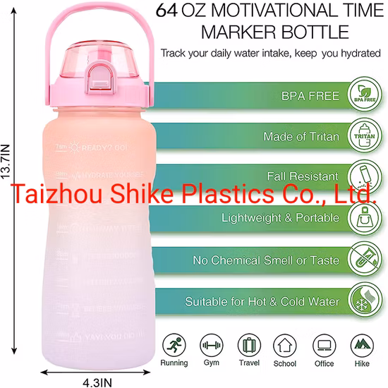 누출 방지 Tritan BPA 무료 2L 피트니스 야외 스포츠 물 주전자 시간 마커 대형 플라스틱 동기 부여 물병
